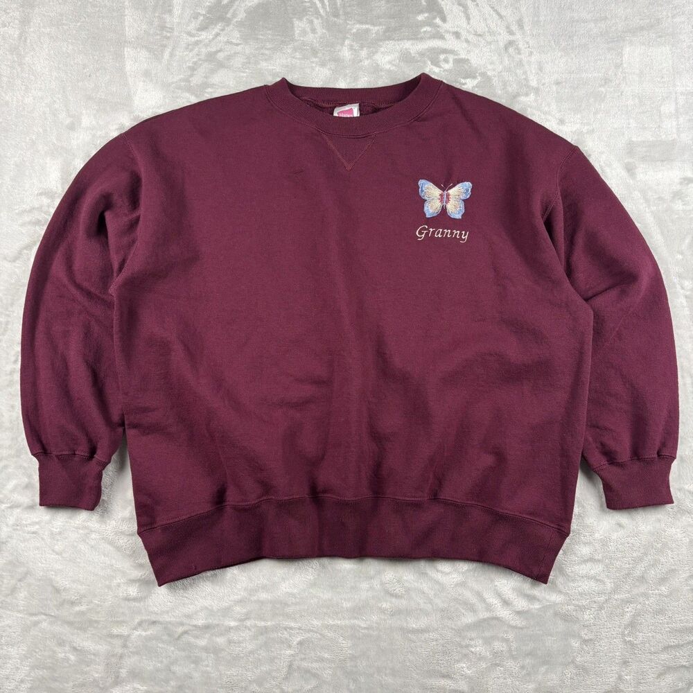 Vintage 90s Y2K Sweatshirt Hanes Womens XL Embroidered Butterfly Cozy Burgundy